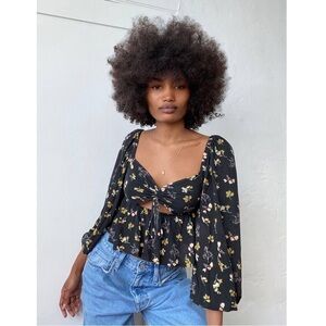 Urban Outfitters Black Floral Printed Violet Cutout Peplum Top